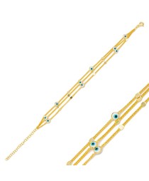 Three Layered Chain Design Evil Eye Beaded  Bracelet Handmade Turkish 925 Sterling Silver Jewelry