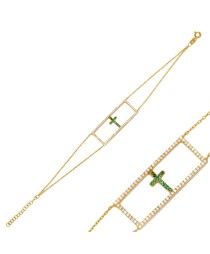 Rectangle Shape CZ Stone and Emerald Cross Geometric Charm Bracelet 925 Sterling Silver Jewelry
