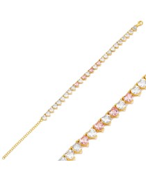 Popular Pink Zircon Stone Heart Shape Chic Tennis Bracelet Handmade Turkish 925 Sterling Silver Jewelry