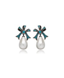 Ribbon Turquoise Design Mother of Pearl Charm Oxidized Stud Earrings Turkish Handmade 925 Sterling Silver Jewelry