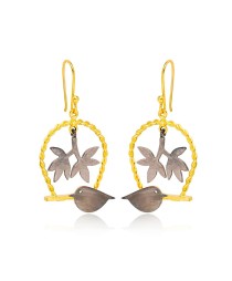 Oxidized Bird and Leaf Design 22K Gold Plated Dangle Earrings Turkish Whole Handmade 925 Sterling Silver Jewelry