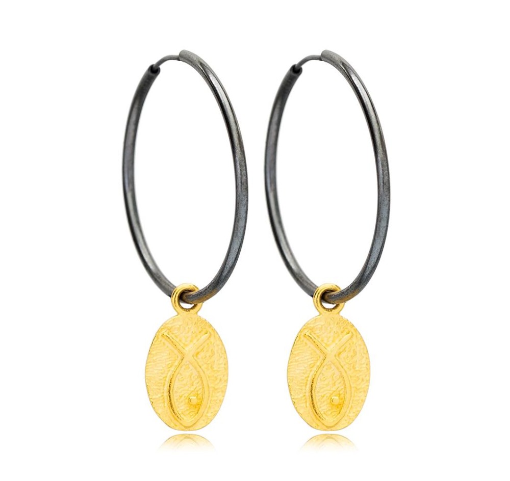 22K Gold Plated Fish Shape Oval Charm Oxidized Hoop Earrings Handmade 925 Sterling Silver Vintage Jewelry