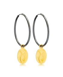22K Gold Plated Fish Shape Oval Charm Oxidized Hoop Earrings Handmade 925 Sterling Silver Vintage Jewelry