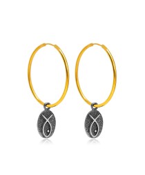 Oxidized Oval Fish Design 22K Gold Plated Vintage Hoop Earrings 925 Sterling Silver Jewelry