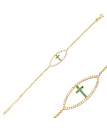 Geometric Design Oval Shape CZ Stone and Emerald Cross Charm Bracelet 925 Sterling Silver Jewelry